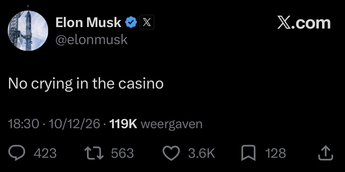 Screenshot of Elon Musk's post saying No crying in the casino
